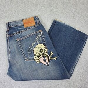 Ed Hardy Skull Embroidery Jeans Men's 40x26 Blue Distressed Y2K Baggy Wide-Leg